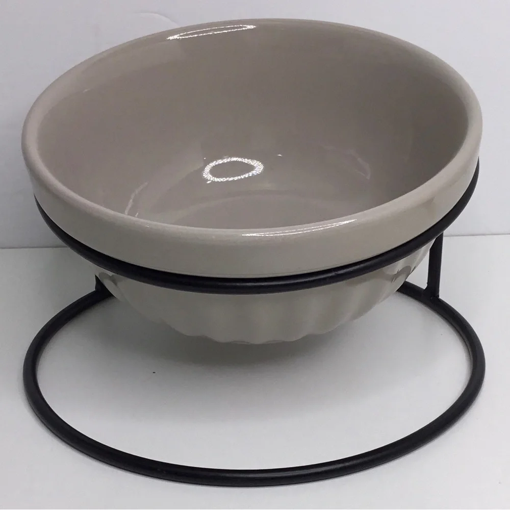 Dog Bowl Brown with Metal base Medium Ceramic Ribbed New